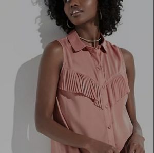 Womens Ruffle Blouse Button Down Blush Sleeveless Top Western Collar Shirt